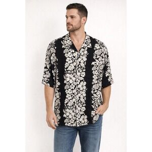 Pineapple Connection Shirt Men's Large Black Cream Hawaiian Floral